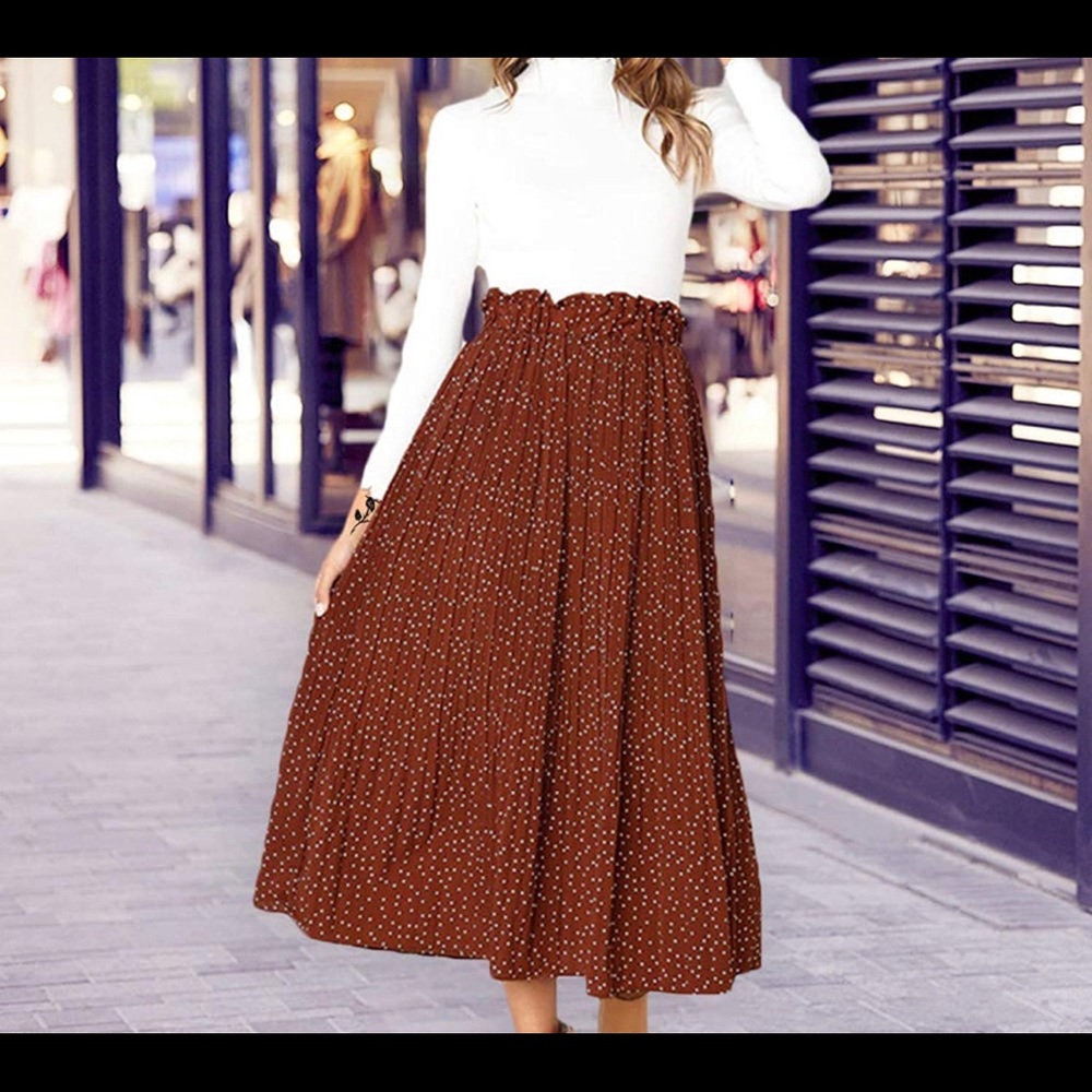 High Waist Brown Polka Dot Pleated Midi Skirt with Slit